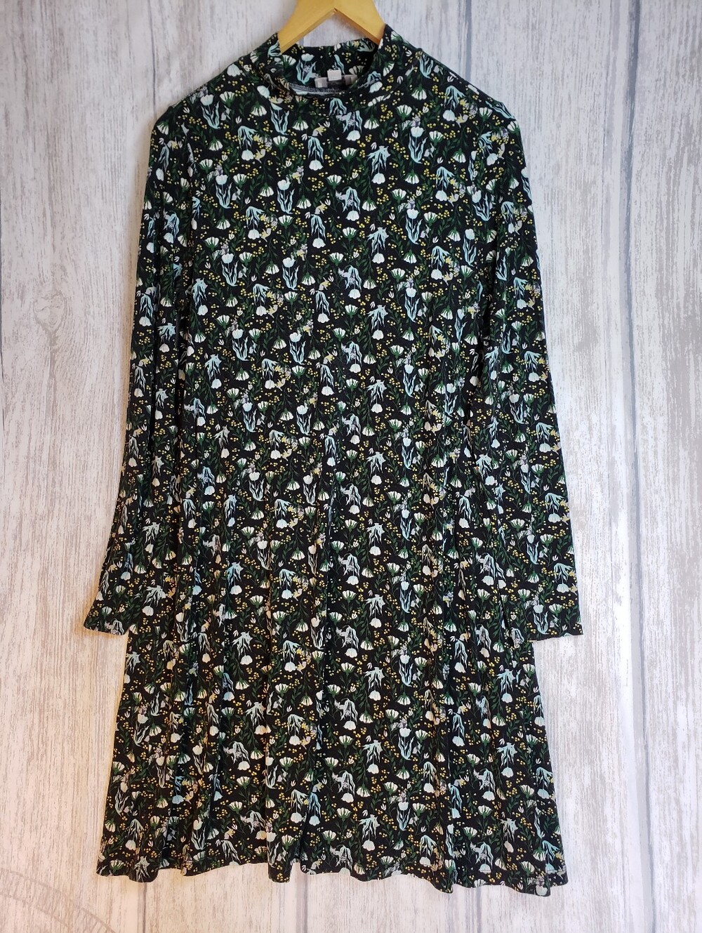 Loft long-sleeve black floral mini dress Mock Neck Ditsy Botanical Print Small A